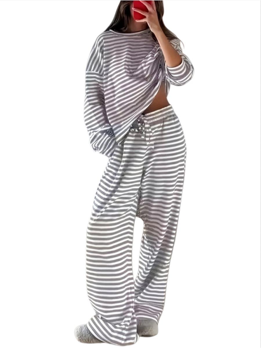 Women s Autumn Striped Long Sleeve Top High Waist Pants Fashion Casual Set S серый