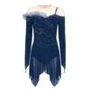 Womens Long Sleeve Bodysuit Dress Rhinestones Sheer Mesh Hem Buttoned Crotch Latin Dance Wear