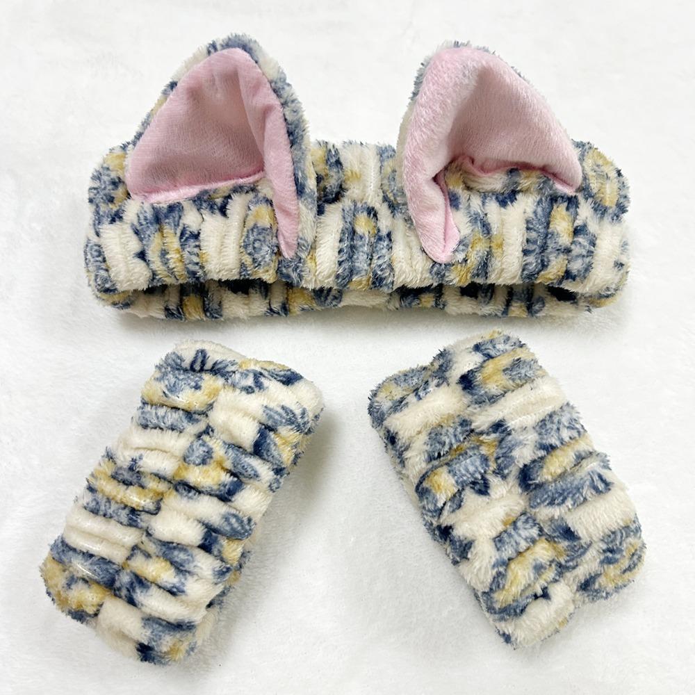 3pcs/set Leopard Print Cute Cat Ear Plush Headband Elastic Wrist Strap  For Women Girls