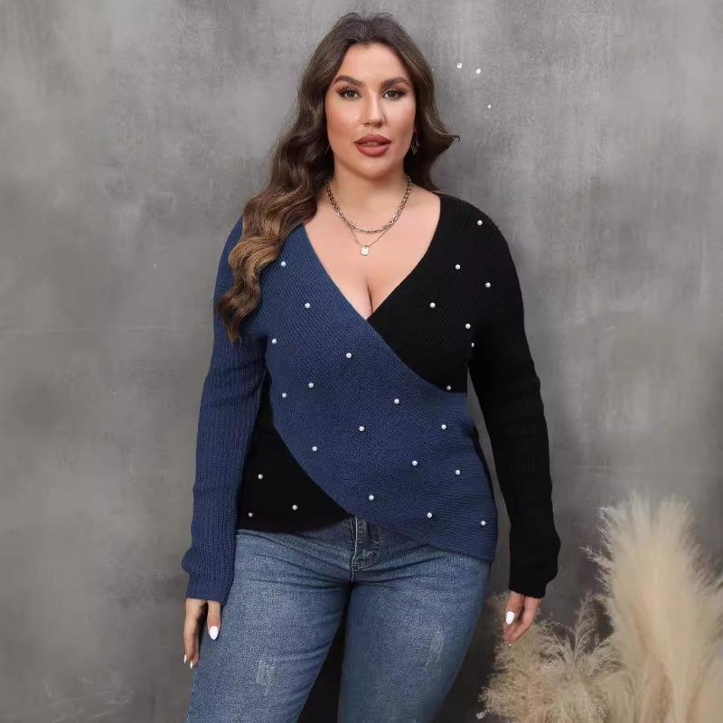 Women Plus Size Color Block Beaded Deep V Cross Long Sleeve Sweater