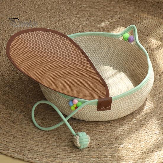 Cozy Cat Bed for All Seasons Handwoven Cotton Rope Bed, Scratchable Indoor Sleeping Basket, Breathable Woven with Pad Round Pet House Cats Kittens And