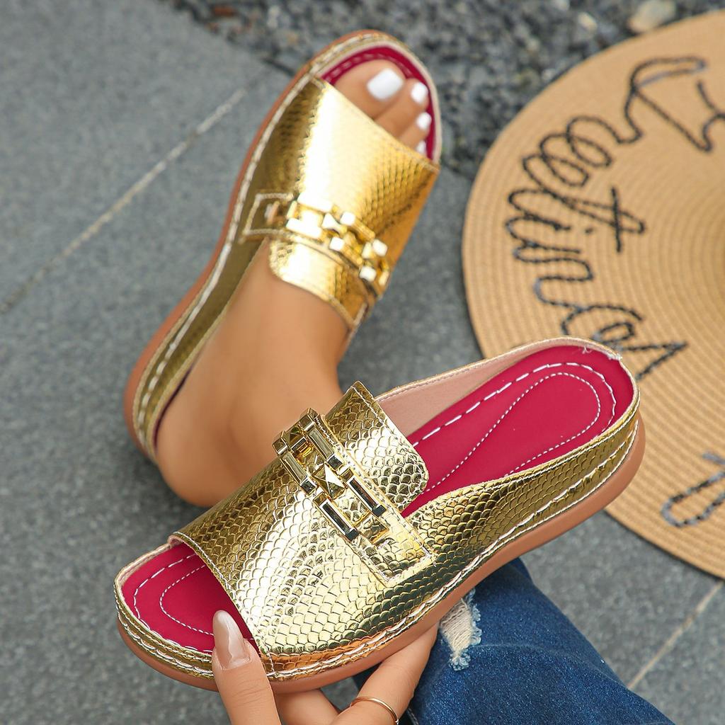 Metal Chain Decorative Wind Fish Mouth Beach Sandals New Wedge Heel Platform Slippers