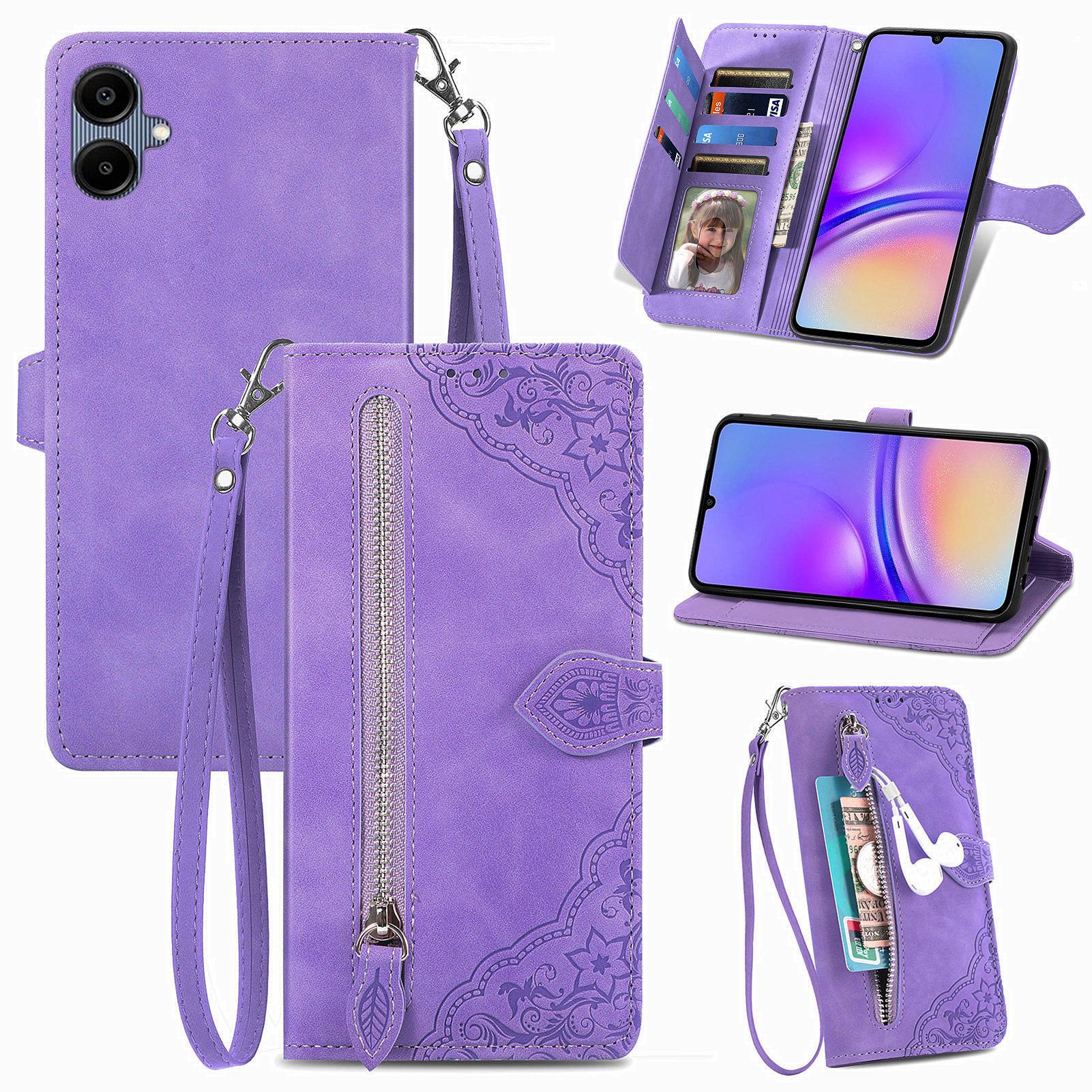 

For Samsung Galaxy A06 4G Zipper Wallet Case with Strap Flower Imprint PU Leather Phone Cover Light Purple