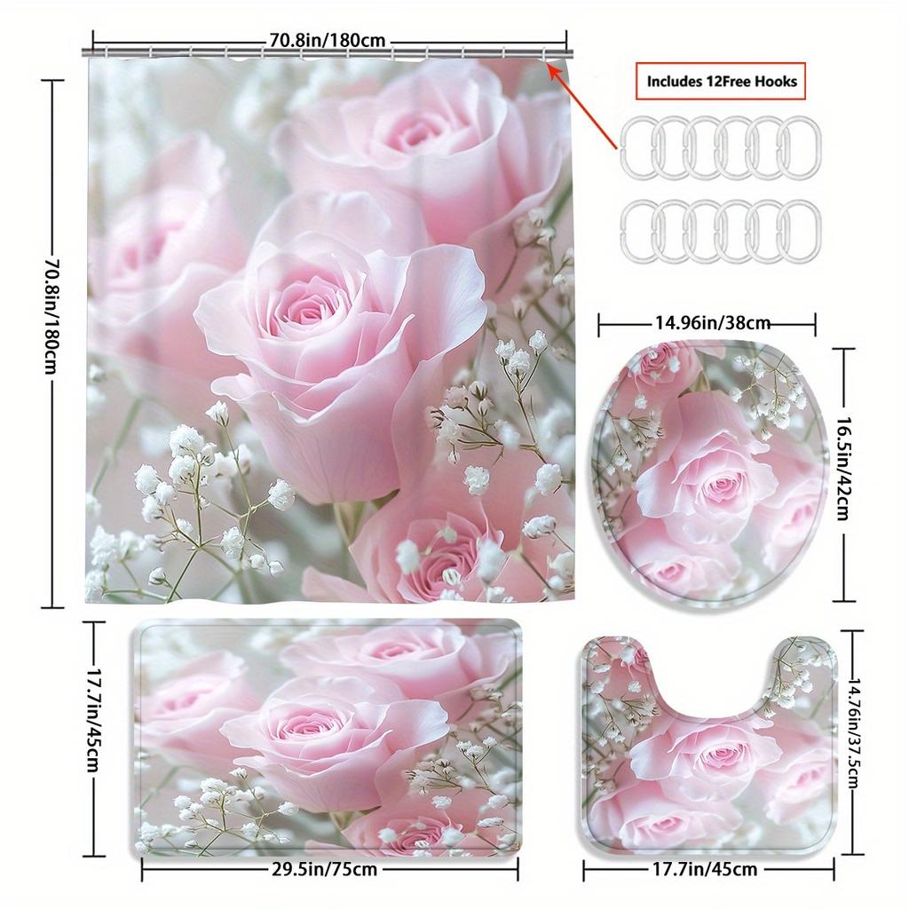 4Pcs 2D Flat Romantic Roses Shower Curtain Set with Non-Slip Bath Mat, Toilet Lid Cover, Contour Rug & 12 Hooks, Bathroom Decor