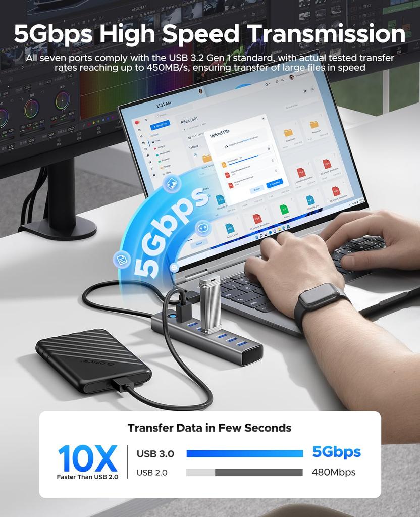 ORICO USB Aluminum Multiport 5Gbps Data 5V 3A Port Splitter for Portable Hard USB and More 7-Port 3.0 Hub, Adapter, Transfer, Type-C PC, Laptop,