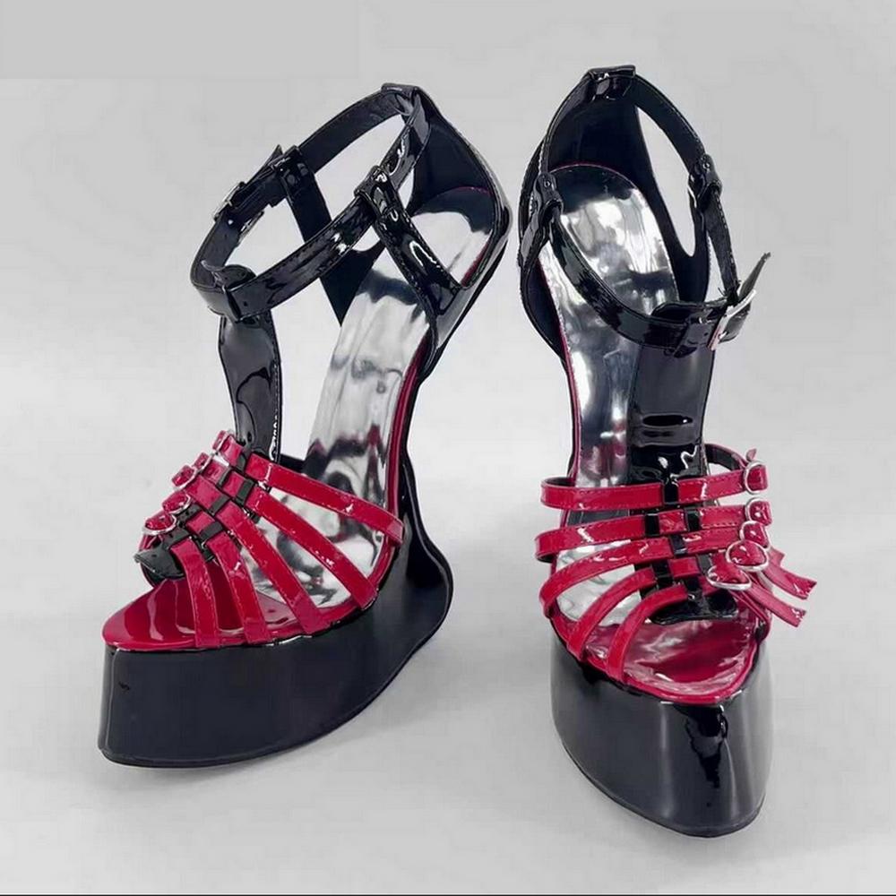 Modelli alla moda con tacco a zoccolo alto 20 cm, Sandali senza tacco per spettacolo sul palco, Scarpe fetish da Pole Dance da uomo, Cinturino alla caviglia, Punta aperta, Rosso, Colori Personalizzati