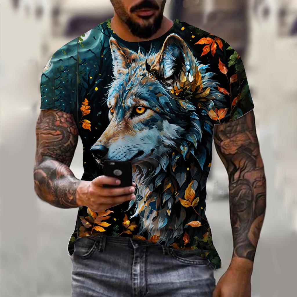 PLUS-size 3D Wolf Beast Print Men and Women Casual Short-sleeved T-shirt Round Neck Fashion Trend Cool Men's Daily New Clothing