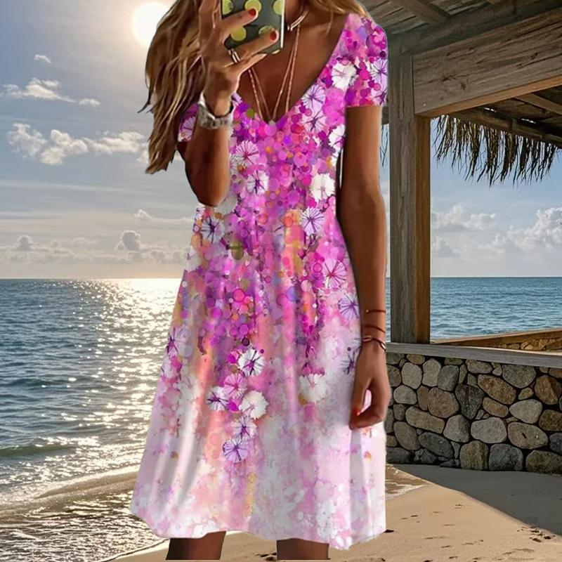 

Летняя мода Женское платье с V-образным вырезом и короткими рукавами Ретро с цветочным принтом Сексуальное короткое платье 2XL розовый