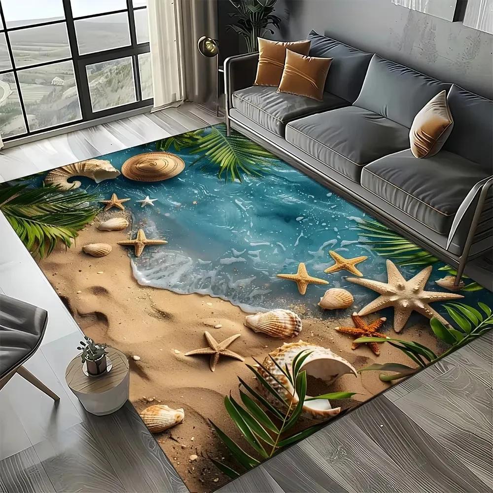 Starfish Beach Shell Sand Pattern Area Rug Coastal Ocean Carpet for Living Room Bedroom Kids Play Room Non-Slip Floor Mat