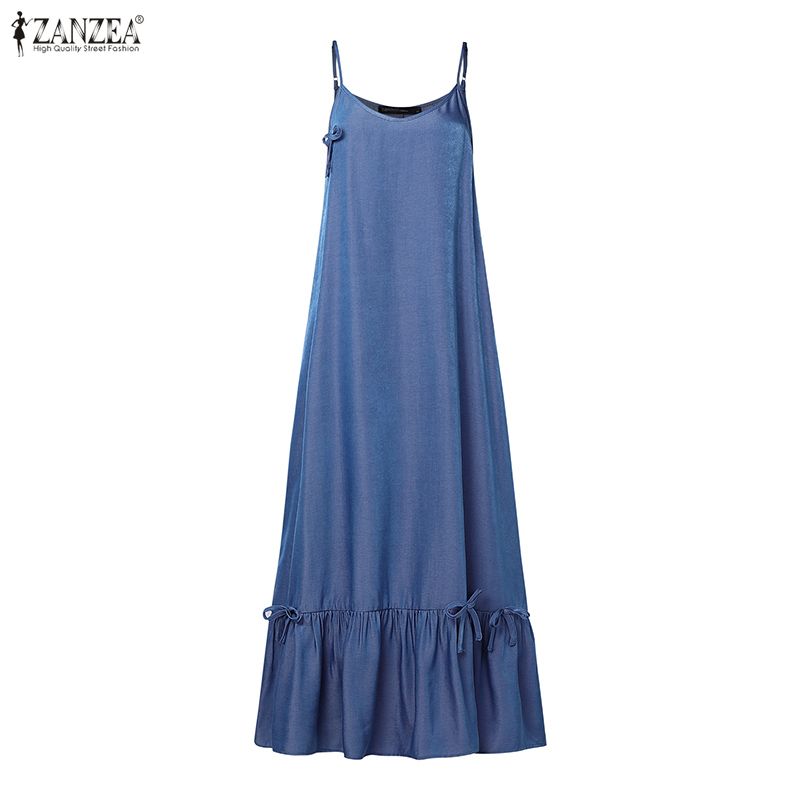 ZANZEA Women Casual V-Neck Loose Sleeveless Straps Long Dress
