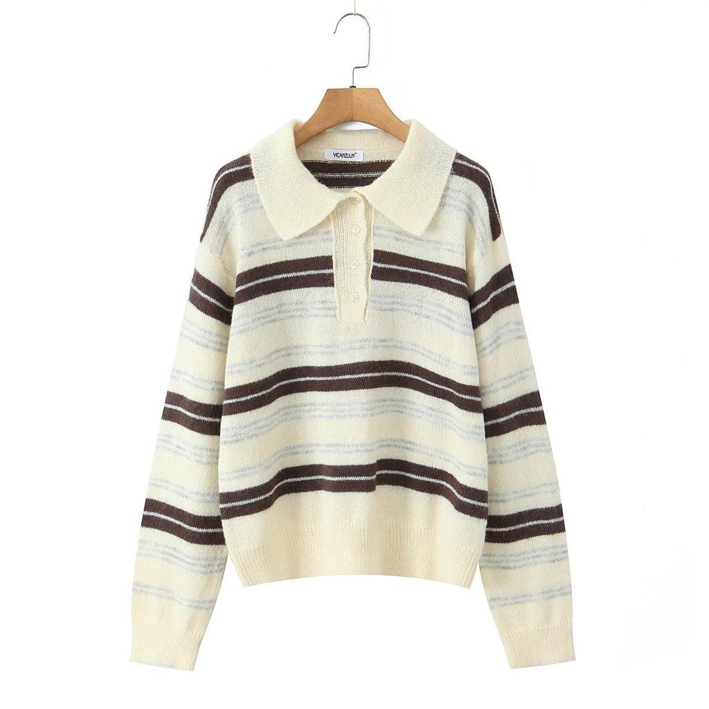 MIU Style Striped Lapel Women’s Autumn Knit Polo Sweater Retro Loose Fit
