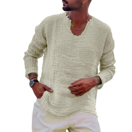 

Мужская повседневная рубашка с v-образным вырезом и длинным рукавом, топы с заусенцами, плиссированные однотонные свободные тонкие пуловеры, уличная одежда 2XL