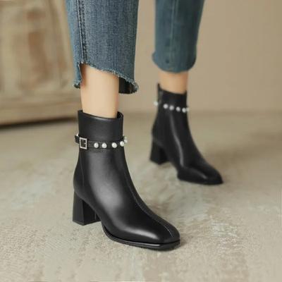 Fashion Autumn and Winter New Styles Fashion High Heels Women's Boots Sweet Pearl Square Head Zipper Square Heel Women Boots High