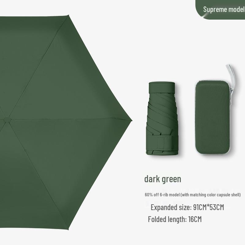 Compact Ultra-Light Six-Fold Capsule Umbrella with Black Glue Sun Protection and Hook