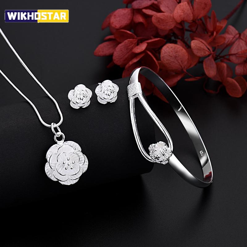 Korean Fashion Fine 925 Sterling Silver Pretty Flower Necklace Earring Bangle Jewelry for Women Retro Set Wedding Gift TRENDY