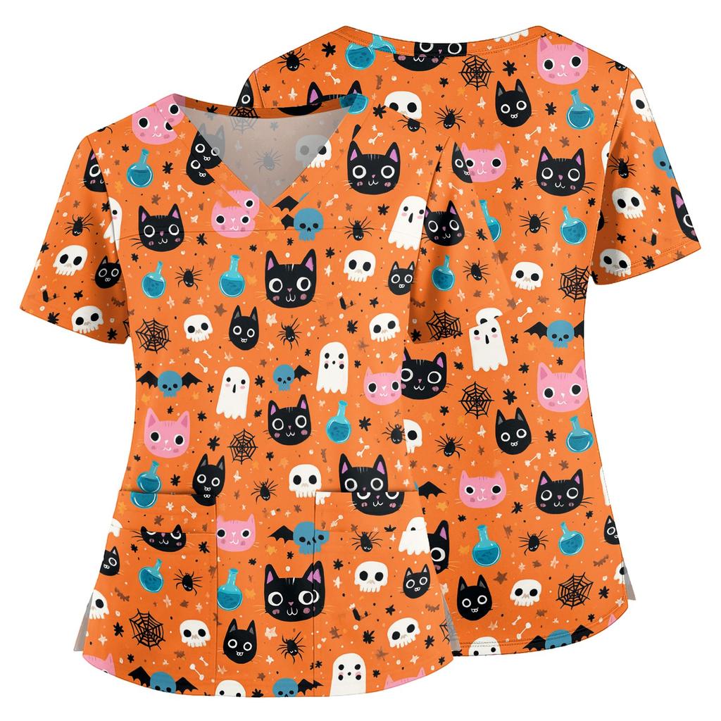 Womens V Neck Halloween Print Medical Scrub Top with Pockets Side Slits Short Sleeve Work Shirt for Healthcare Professionals