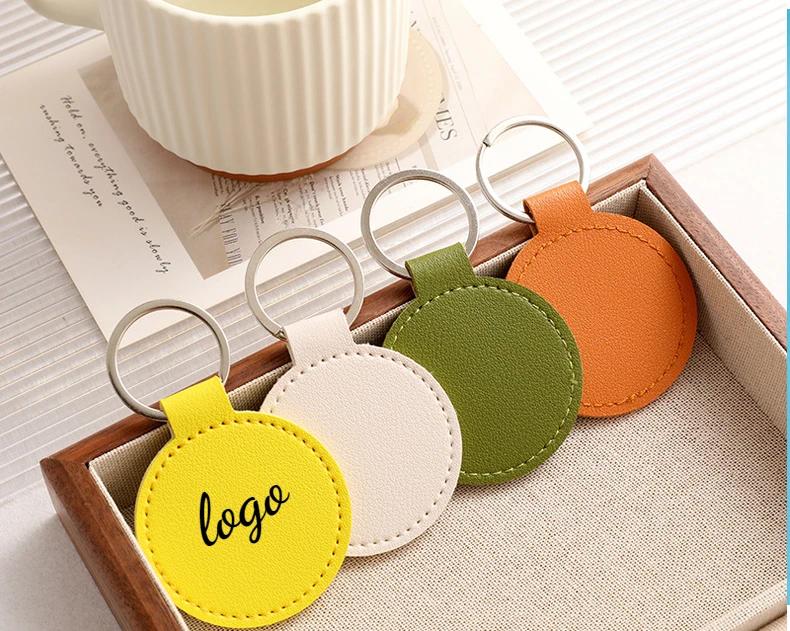 Laser Engrave Round PU Leather Keychain Custom Circle Key Chain Holder Company Activity Hotel Number Keyring Gift