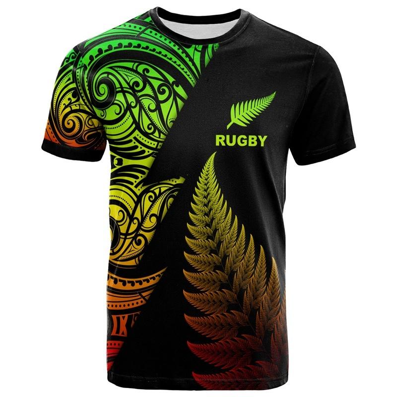 T-shirt with Maori Totem Fern Print Crew Neck Casual Sports Top Breathable Comfortable