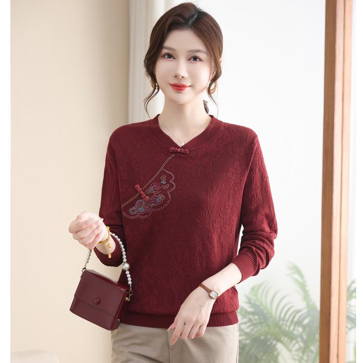 New Middle-aged Knitted Bottoming Sweater Hundred-tower Top Mother's Autumn and Winter Fashion National Wind Cheongsam Collar Sweater