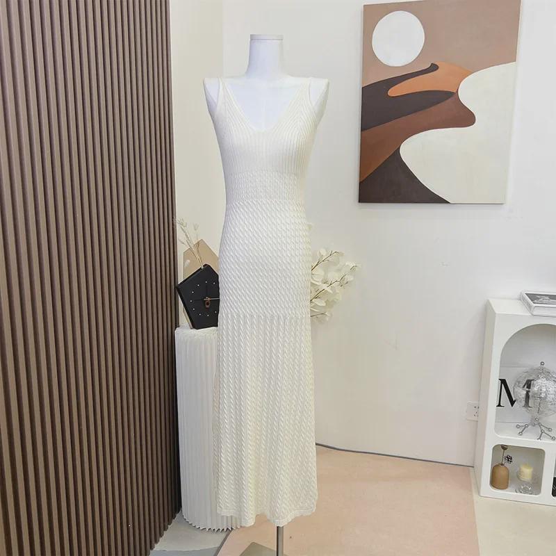 Women's Summer White Knitted V-Neck Suspender Dress - Slim, Sexy, Pure Desire Style