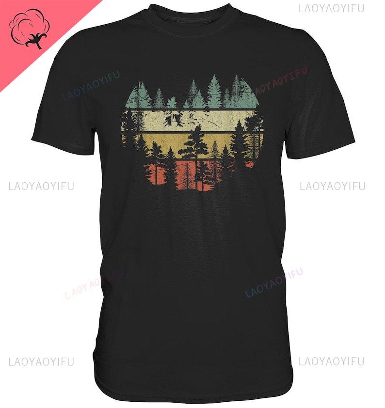 

Mountains Vintage Trees Forest Outdoor Hiking Retro Wood Printed TShirt Nature Premium Shirt Summer Men Clothing Shortsleev 4XL