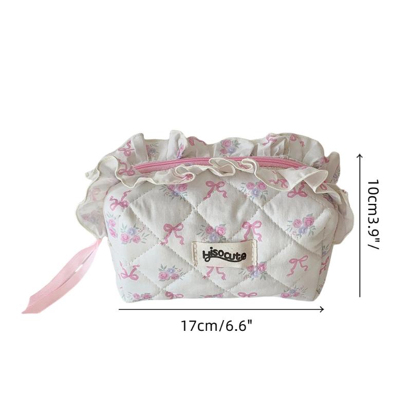 Chic Bow Flower Quilting Cotton Cosmetic Bag for Women, Zippered Makeup Organizer, Portable Cloth Toiletry Handbag for Girls