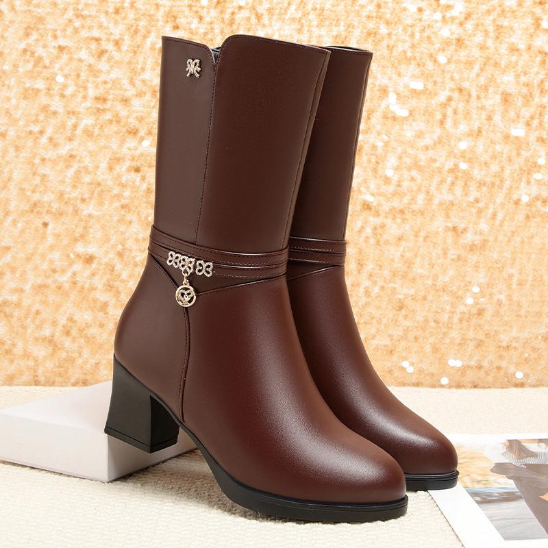 Women's Mid-calf Boots, Women's Boots, Middle-aged Cotton Boots, Soft-soled Fleece-lined Leather Shoes, Autumn and Winter Boots