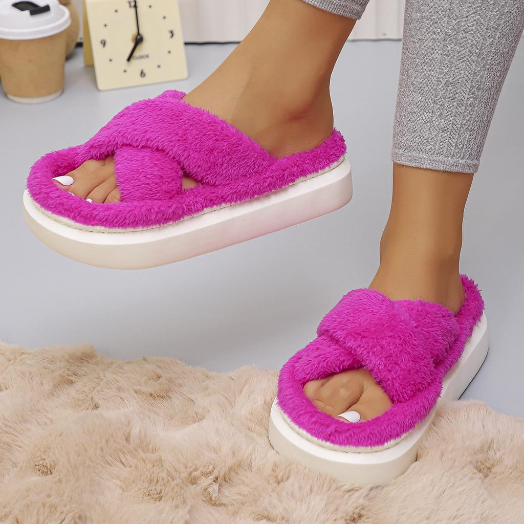 Fashion Cross Strap Fluffy Slippers Women 2024 Winter Warm Fur Home Slippers Woman Comfortable Soft Sole Non Slip Indoor Shoes