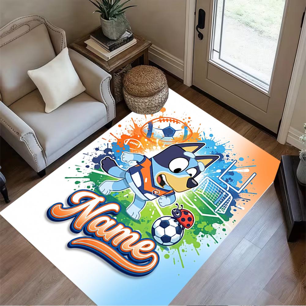 Bluey Soccer Fun Personalized Name Area Rug Design for Dining Room Balcony Dormitory Decorate room Anti-slip Rug Anime Office Decor Best for Christmas