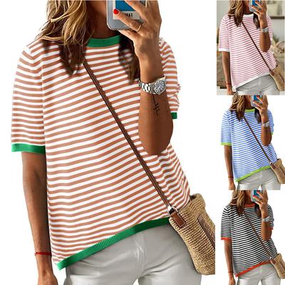 Women's 2025 Round Neck Striped Color Block Short Sleeve Sweater, Casual Spring Summer Lightweight Knit Top for Daily & Office Wear