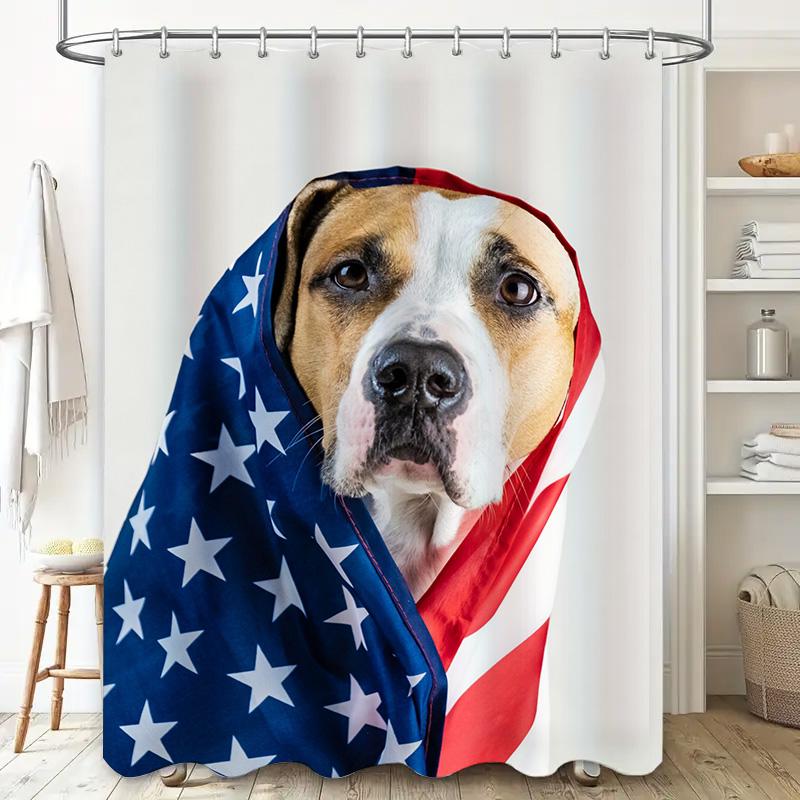 USA Style Dog Printed Shower Curtain Blue White Red Stars Stripes Home Decor Bathroom Waterproof Fabric Personalized Gift Decora
