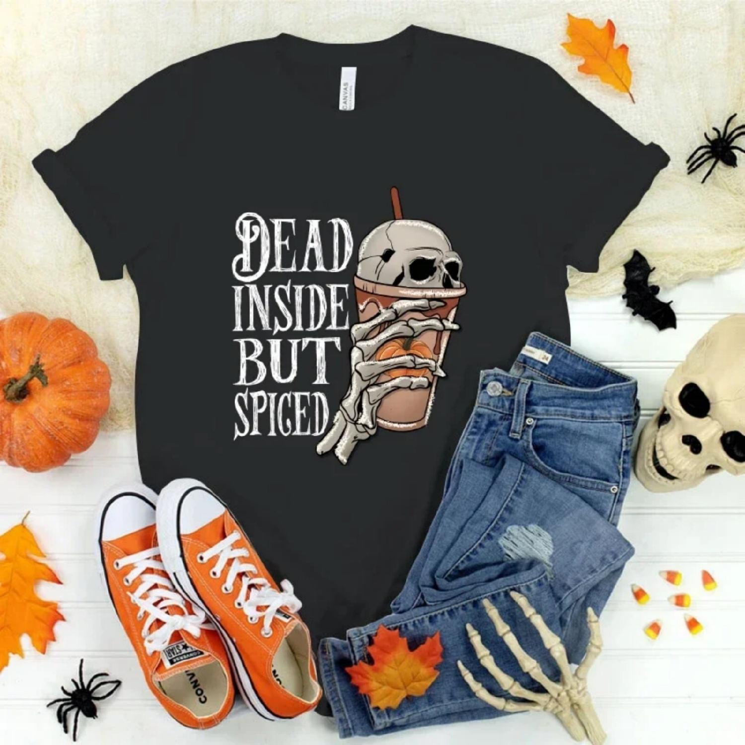 (Premium T-shirt)Fashion Halloween Dead Inside But Spiced Print Hip Hop Short Sleeve Women Summer Cool Casual Outdoor T Shirts XXXXXL разноцветный