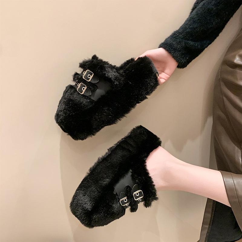 Baotou Thick-soled Fluffy Slippers Women's Autumn and Winter 2025 New Fashion Outer Wear Belt Buckle Fleece Thermal Cotton Slippers