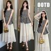 2026 Summer Plaid Sleeveless Maternity Top & Apricot Hollow-Out Skirt Set
