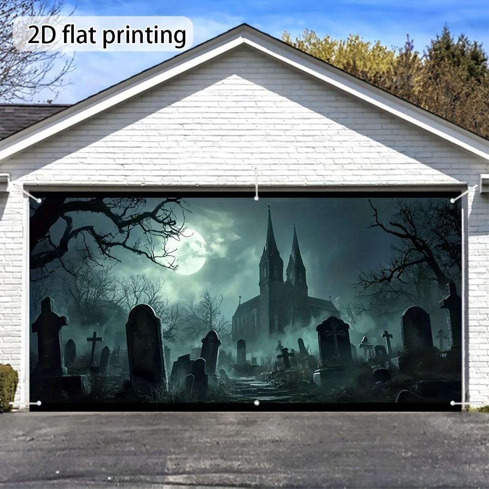 A Halloween cemetery night scene garage door banner - with a full moon and Gothic church designzyc