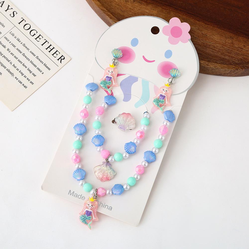 

Ожерелье и набор украшений «Русалка Радуга»: Ожерелье из бисера ручной работы, серьги, браслет, кольцо для девочек.