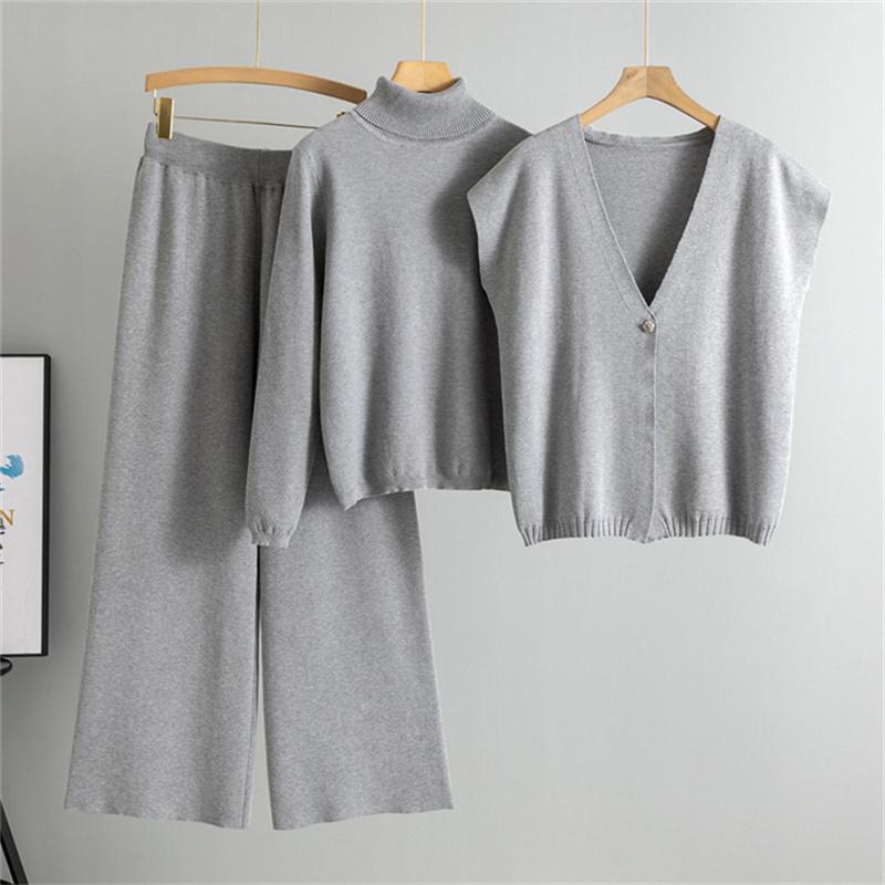Women'S Spring And Autumn Casual Suit Fashionable High Neck Sweater Cardigan Vest Wide Leg Pants Knitted Three Piece Set