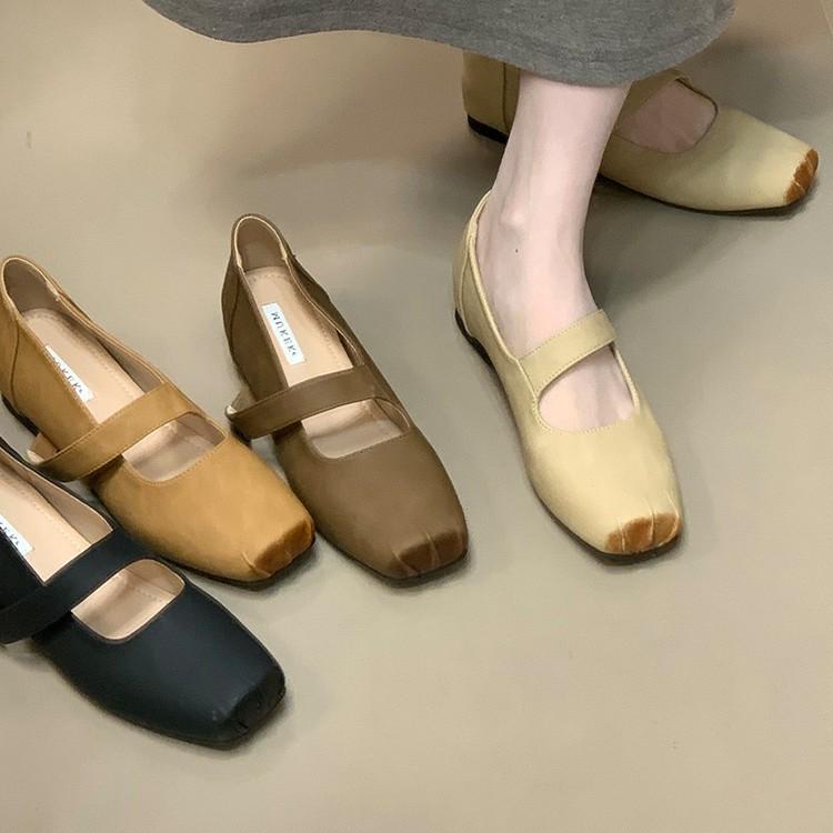 Sheepskin version~ French square head ballet evening breeze gentle shoes temperament advanced sense word with women's shallow mouth single shoes