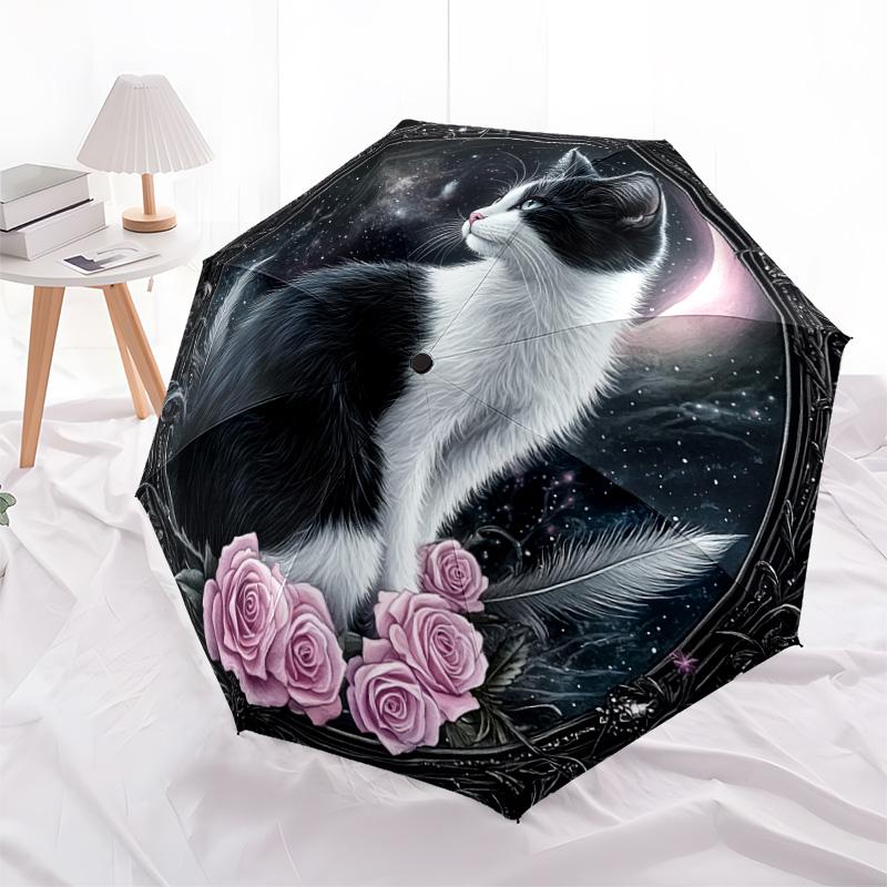 1 PC Automatic Folding Umbrella - Black and White Cat with Moon Pattern, Portable & Foldable Design with 8 Ribs, Christmas Birthday Gifts