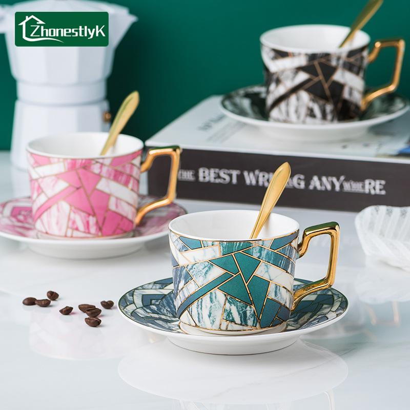 Nordic Courtly Luxury Hand-Painted Gold Ceramic Coffee Cup with Plate Office Marble Mug Afternoon Tea Cups Household Drinkware