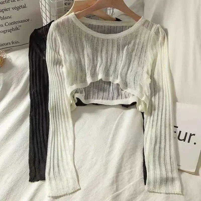 Long Sleeved Hollow Knit Sunscreen Blouse Slim Thin Pullover Women's Crop Top Simple Casual Commuting Spring Summer