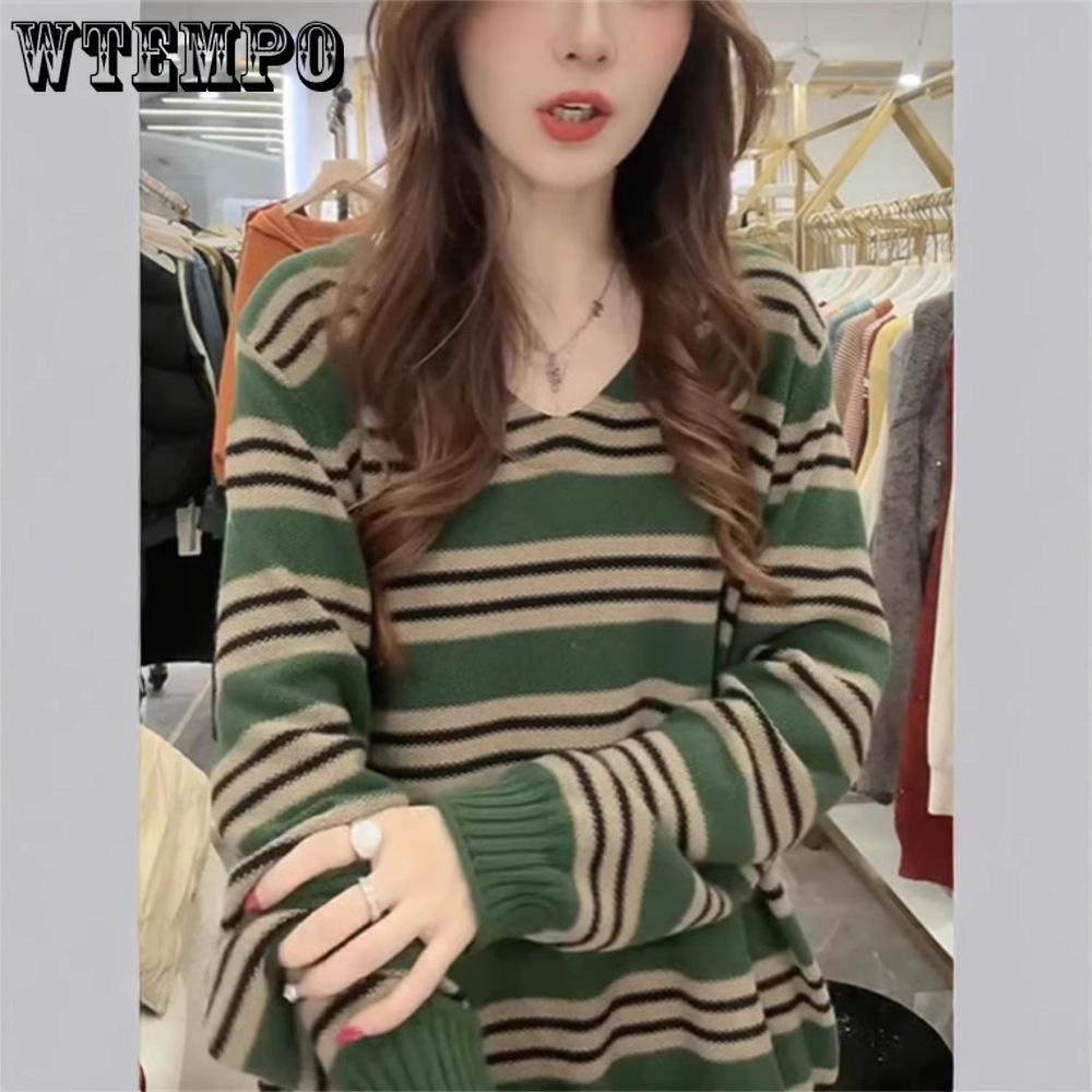 Women's V-neck Striped Knitted Shirt with Contrast Splicing and Fashionable Western Style Bottom Coat