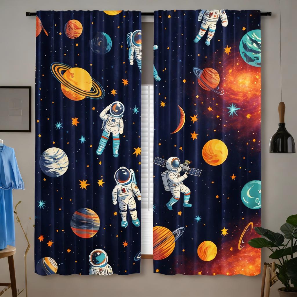 2 ks Závěsy s motivem vesmíru, Kreslený astronaut a téma sluneční soustavy, Modré galaktické okenní závěsy pro ložnici, obývací pokoj, P