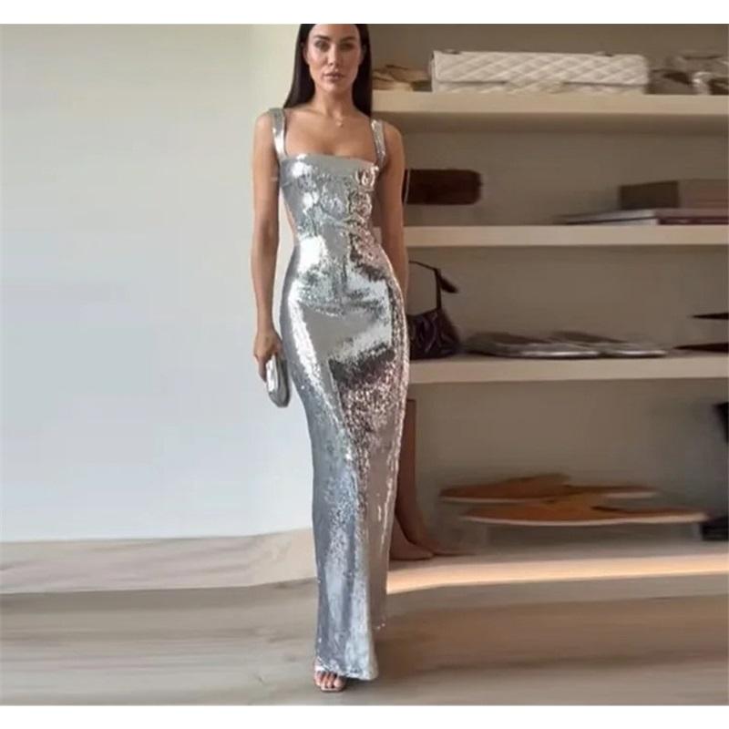 Women Sequin Spaghetti Strap Maxi Dress Backless Bodycon Long Evening Dress Glitter Slim Fit Party Gown For Prom Wedding Club