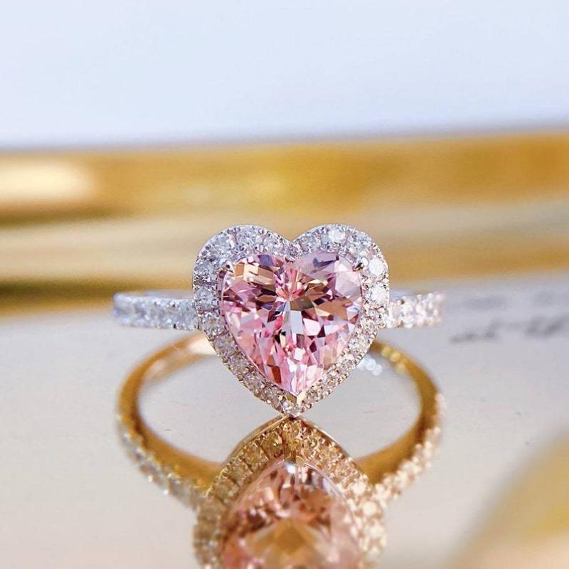 Delicate Heart Geometry Copper Color Rings for Women Elegant Metal Inlaid Pink White Stones Ring Jewelry