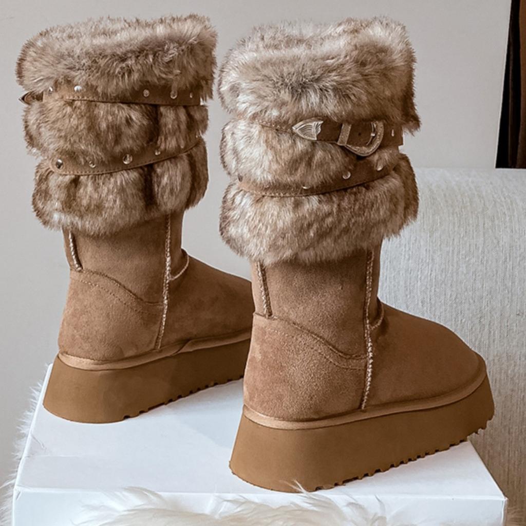 Cowhide version~ Northeast snow boots women's winter velvet thickened new thick-soled mid-tube cotton shoes fashionable versatile fluffy boots