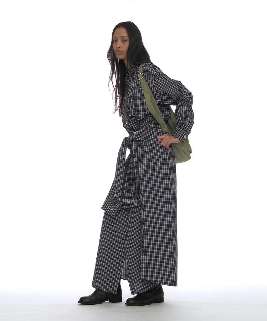 Partimento Woman Sleeve-Tie Shirt Maxi Dress_Navy Check