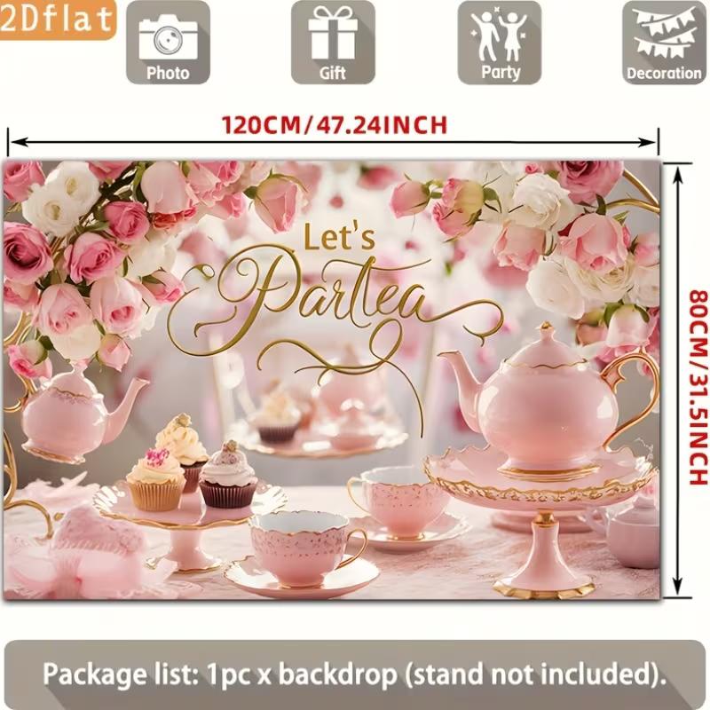 2D Let's Partea Photography Backdrop Elegant Pink Teapot and Rose Tea Party Background