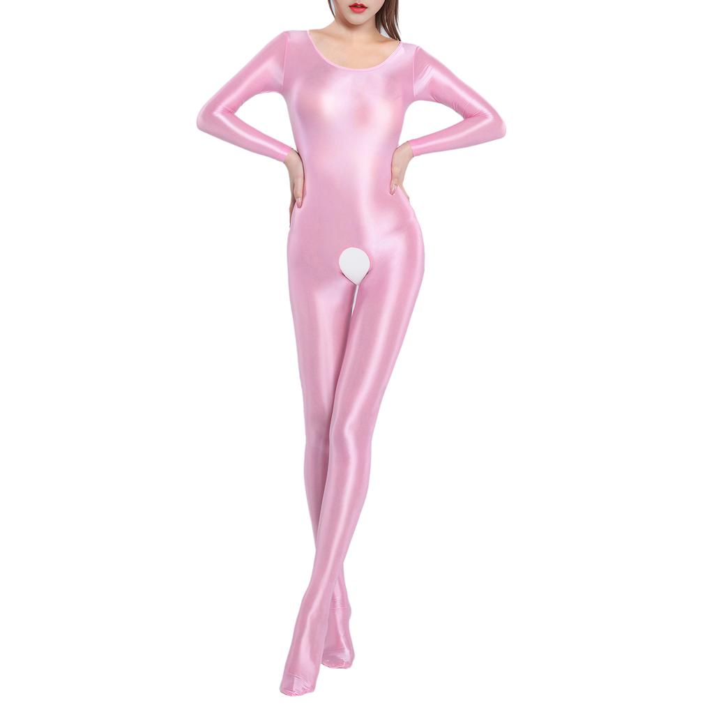 Womens Glossy Smooth Full Body Jumpsuit Long Sleeve Stretchy Bodysuit