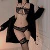 Sex underwear sexy bra women's ultra-thin neck binding temptation lace three-point mesh underwear gathering set